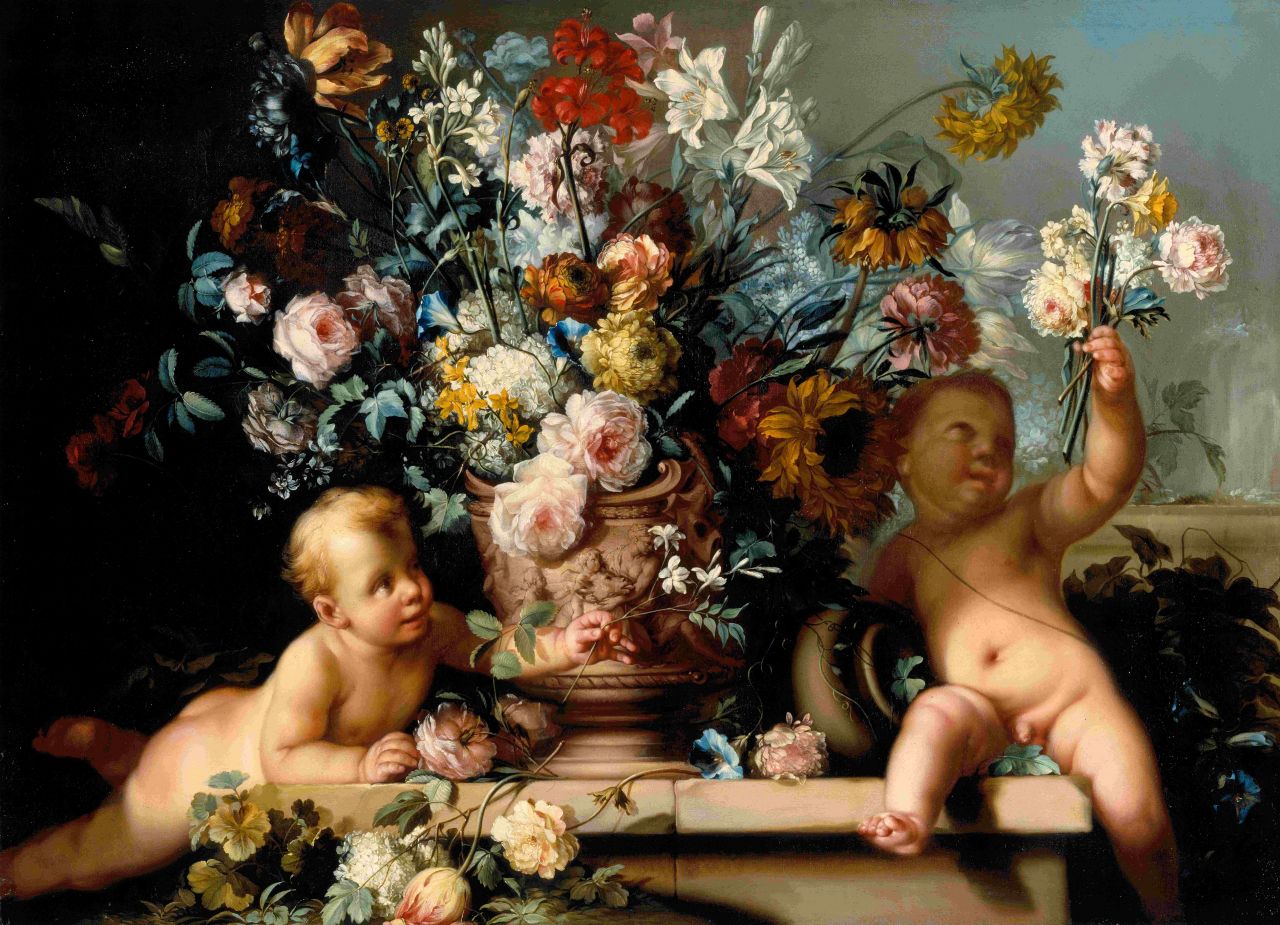 Blumen in Vase mit zwei Putten, Ignaz Stern